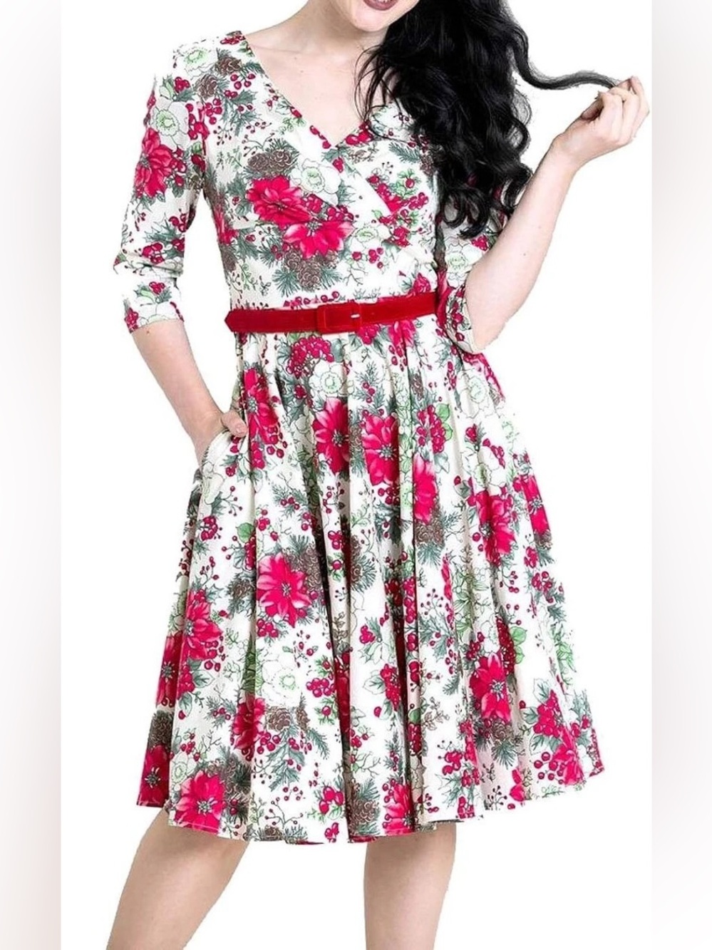 Hell Bunny Holiday Poinsettia Holly Berry Red, White & Green Midi Dress, Size S